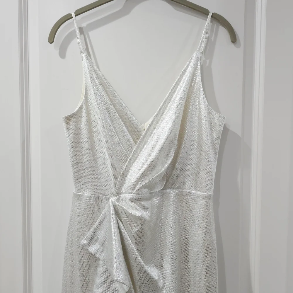 ELIZA J Ivory Shimmer Draped Maxi Dress with Ruffle Slit – Glam Occasion 6P - Picture 3 of 14
